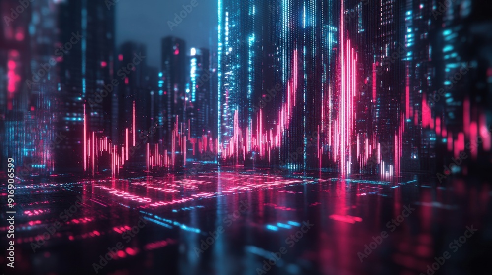 A futuristic cityscape with digital data visualization in vibrant colors. A futuristic cityscape with digital data visualization in vibrant colors.