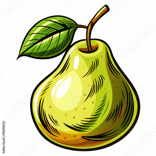 A Green Pear with a Single Leaf on a White Background