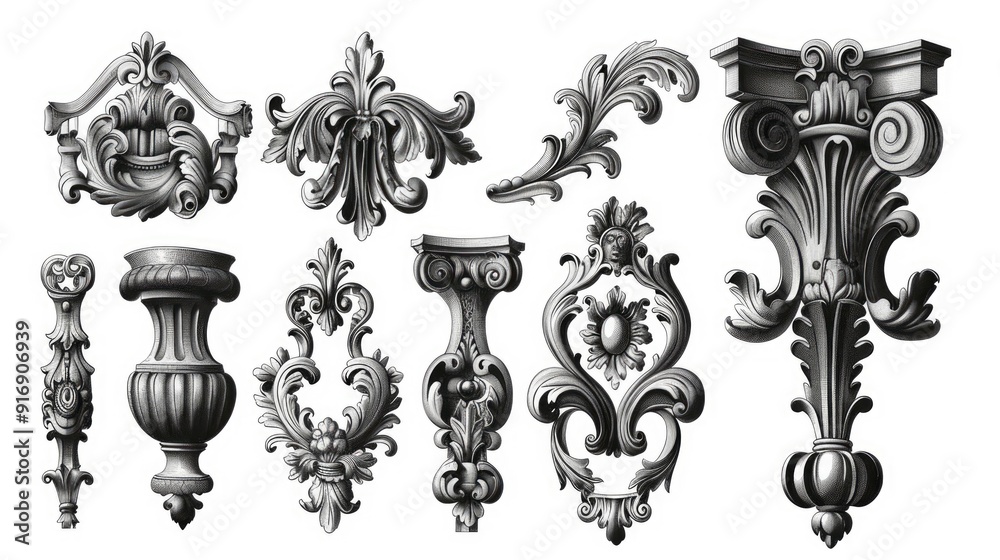 Set of Ornate Baroque decorative elements in shades of grey, displayed on a white background. Set of Ornate Baroque decorative elements in shades of grey, displayed on a white background.