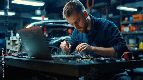 Advertising core, An electronic technician soldering microchips, a laptop on the table, a measuring stand for a car in the background