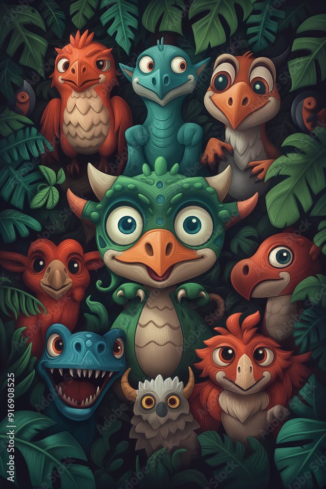 Fototapeta premium A group of whimsical animated creatures with various features gather in a lush green jungle, showcasing their playful and friendly nature