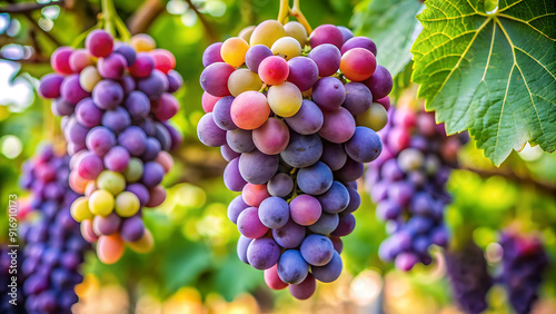 Red grapes hanging on vine in grape farm. 