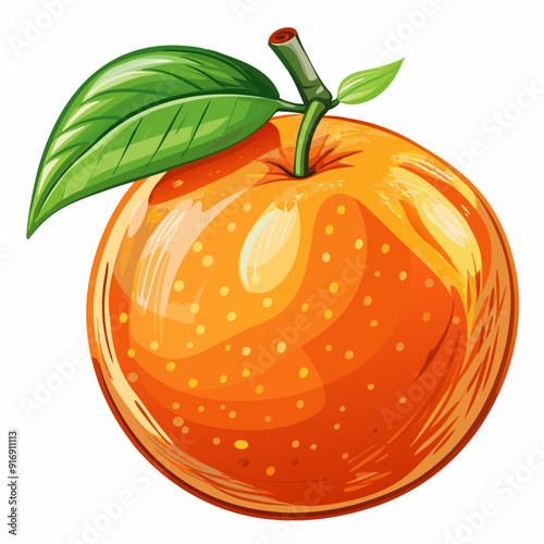 A Single Orange with Green Leaf and Stem