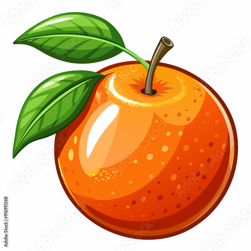 Ripe Orange with Green Leaves and Stem