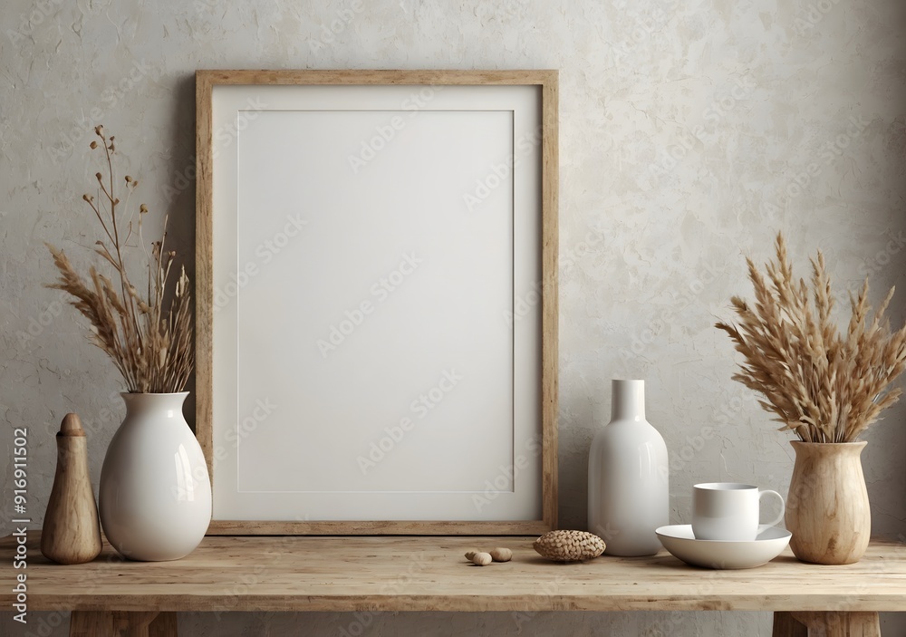 Mockup frame, Empty picture frame, in home interior background, white room with natural wooden table and decor Mockup frame, Empty picture frame, in home interior background, white room with natural wooden table and decor