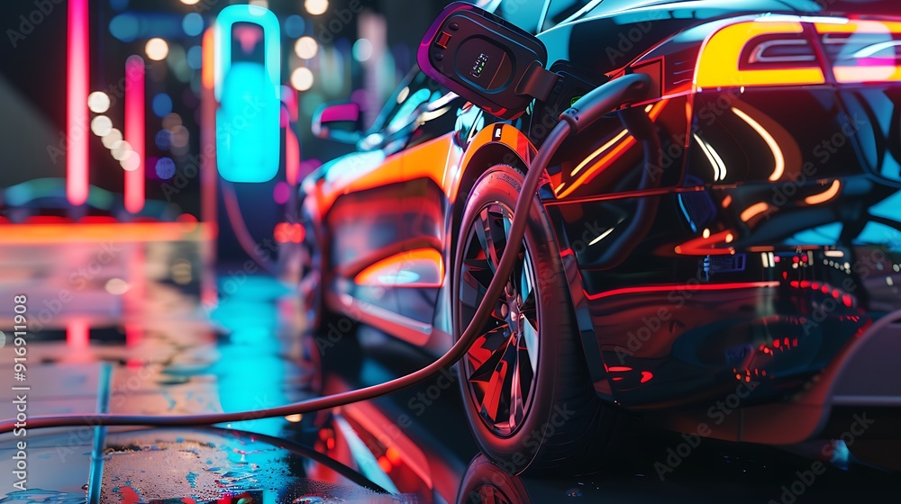 Electric Car Charging at Night with Neon Lights Electric Car Charging at Night with Neon Lights