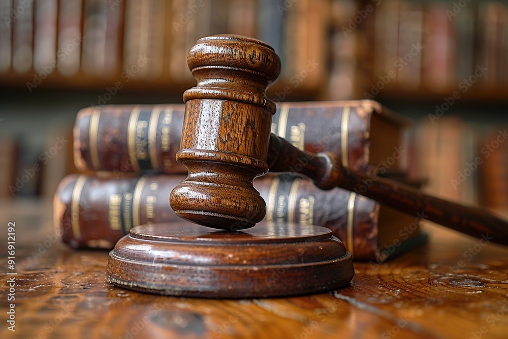 Symbol of Justice: Gavel and Legal Books in a Solemn Courtroom Setting. emphasizing justice and the legal system. Symbol of Justice: Gavel and Legal Books in a Solemn Courtroom Setting. emphasizing justice and the legal system.