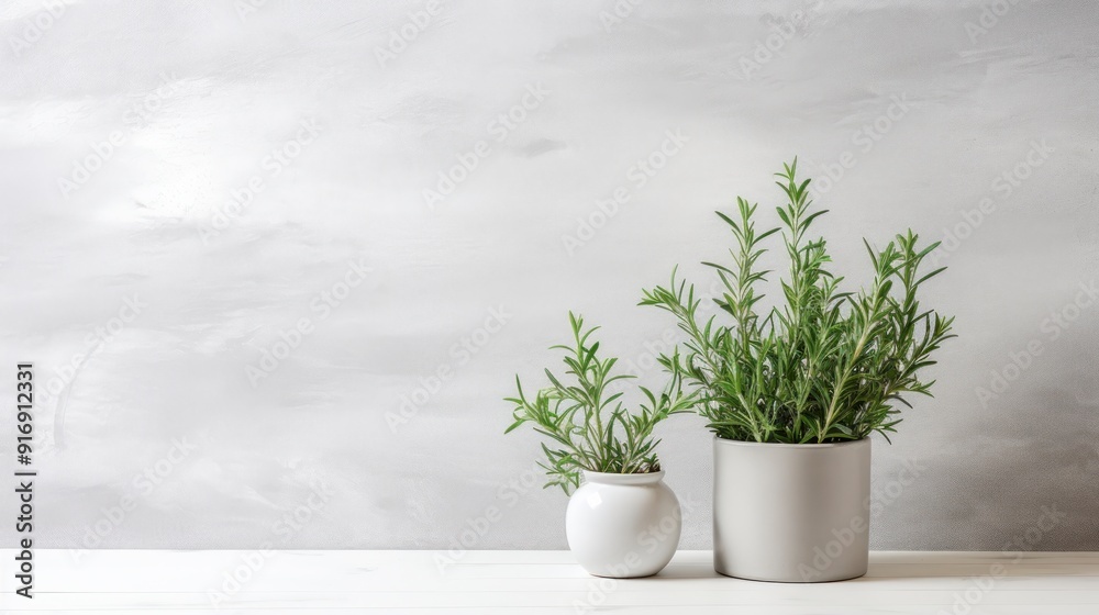 Rosemary in a white vase on a white marble background. Rosemary in a white vase on a white marble background.