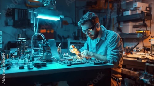 An engineer designs the mechanisms of an electronic product using deep blue light and professional equipment in his hand. He wears glasses while repairing a technology product at night.