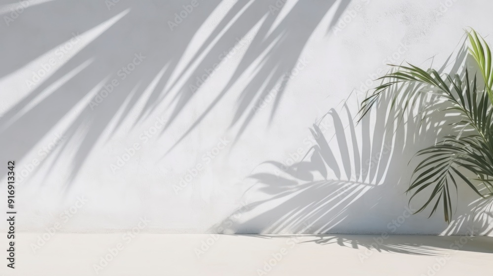Tropical palm leaf shadow on white wall background. Copy space