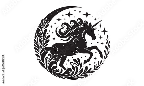 unicorn design, unicorn horse head design - black and white magical