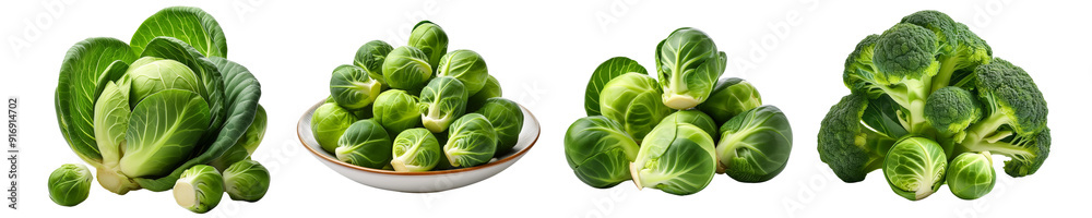 Fototapeta premium A collection of fresh Brussels sprouts cut out transparent isolated on white background PNG
