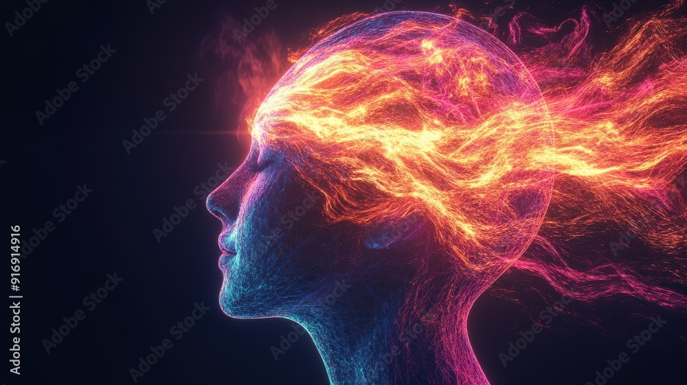 A glowing, abstract representation of a human head with vibrant energy and thought patterns.