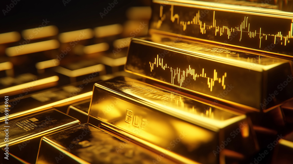 Gold bars stacked with financial chart graphic. .. Gold bars stacked with financial chart graphic. ..