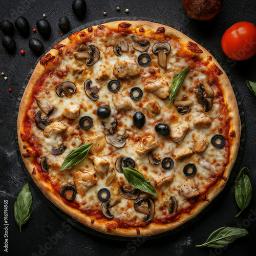 Close-up of a delicious chicken and mushroom pizza.