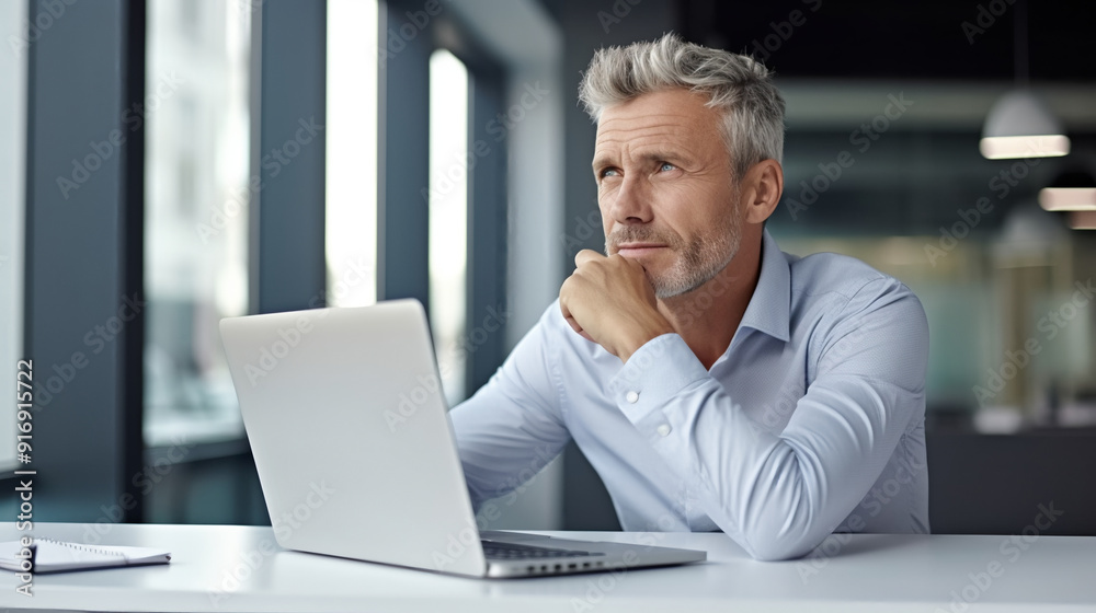 Portrait of a middle-aged business man sitting at a desk with a laptop in a modern office, looking away thinking about something. Portrait of a middle-aged business man sitting at a desk with a laptop in a modern office, looking away thinking about something.