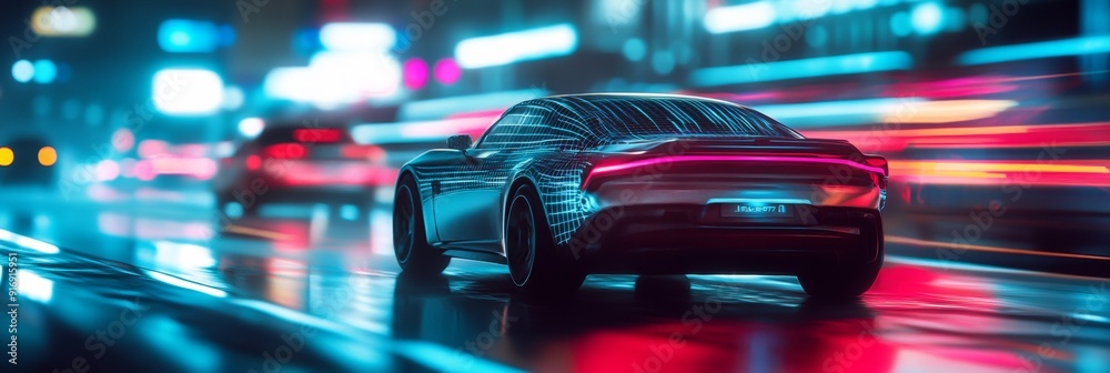 Futuristic Car in Traffic with Advanced Technology Overlay Futuristic Car in Traffic with Advanced Technology Overlay