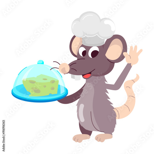 A flat sticker of rat chef serving cheese  

