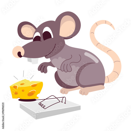 A flat cartoon sticker of rat trap with cheese 

