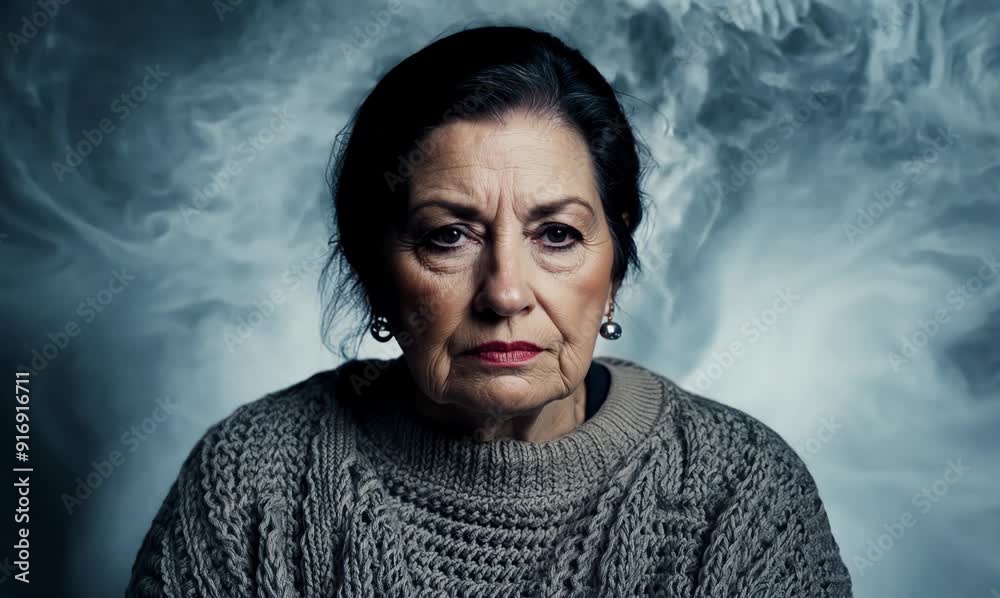 Medium shot portrait video of a serious Russian woman in her 40s wearing a cozy sweater against an abstract background Medium shot portrait video of a serious Russian woman in her 40s wearing a cozy sweater against an abstract background