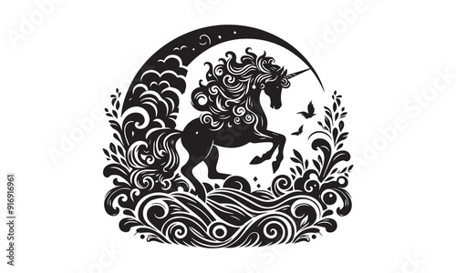 unicorn design, unicorn horse head design - black and white magical