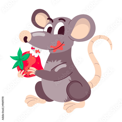 A cartoon style sticker of rat eating strawberry 

