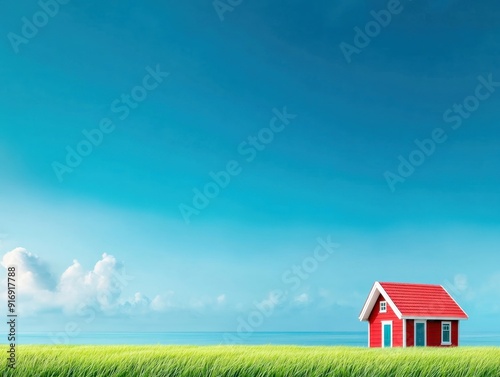 Dreamy Red Cottage on a Green Meadow Under Blue Sky