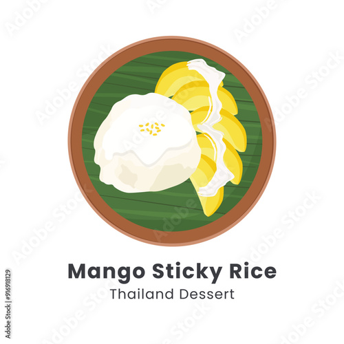 Hand drawn vector illustration of Mango Sticky Rice. Delicious ripe mango and sticky rice with coconut milk.