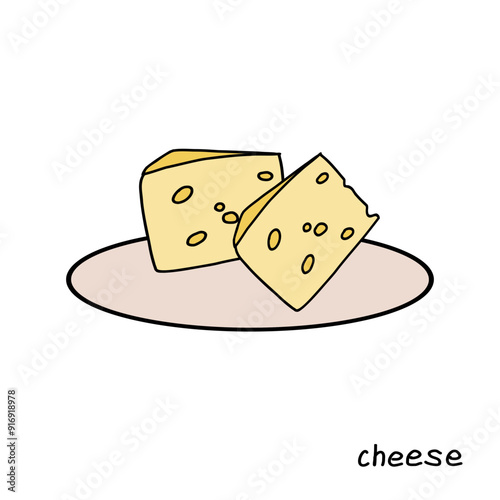 Pieces of yellow cheese on a round plate against a plain background