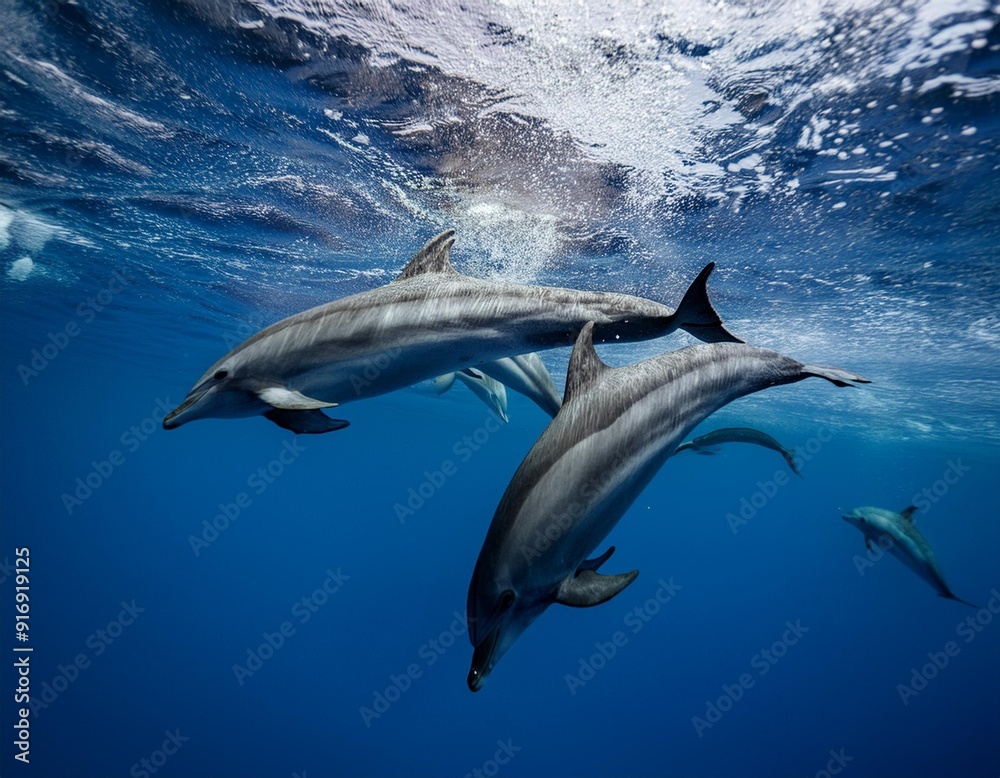 Fototapeta premium Three dolphins swim together underwater, illuminated by sunlight filtering through the water. Ideal for marine-themed educational content, ocean conservation visuals, or aquatic adventure designs.