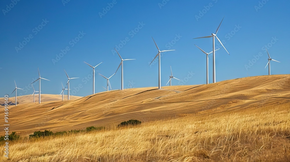Looking up at wind turbines silhouetted against a clear sky at sunrise. AI generated illustration Looking up at wind turbines silhouetted against a clear sky at sunrise. AI generated illustration