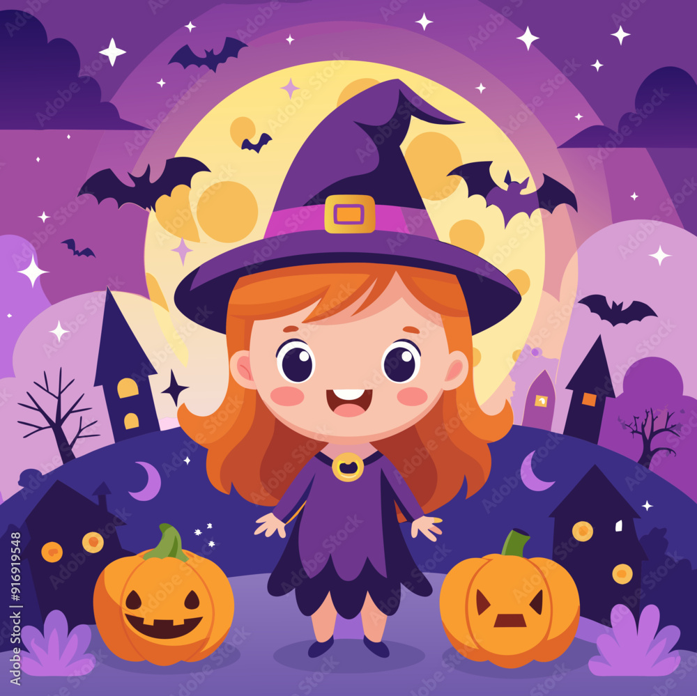 Happy Halloween square banner background with a violet fog cloud and a Cute witch girl in a witch hat. Happy Halloween square banner background with a violet fog cloud and a Cute witch girl in a witch hat.