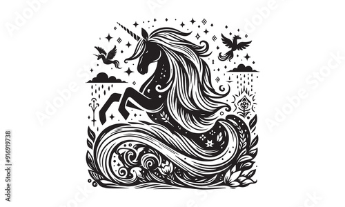 unicorn design, unicorn horse head design - black and white magical