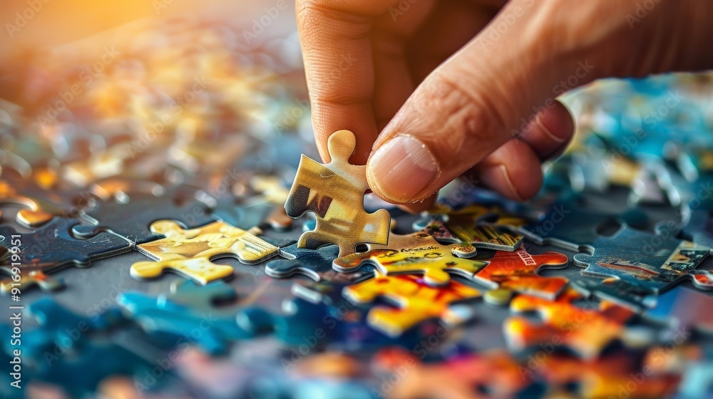 Design an image of a hand carefully placing a puzzle piece into its spot. Design an image of a hand carefully placing a puzzle piece into its spot.