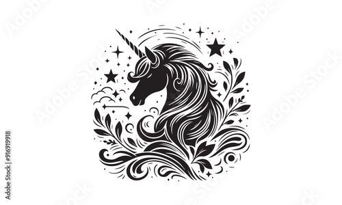 unicorn design, unicorn horse head design - black and white magical