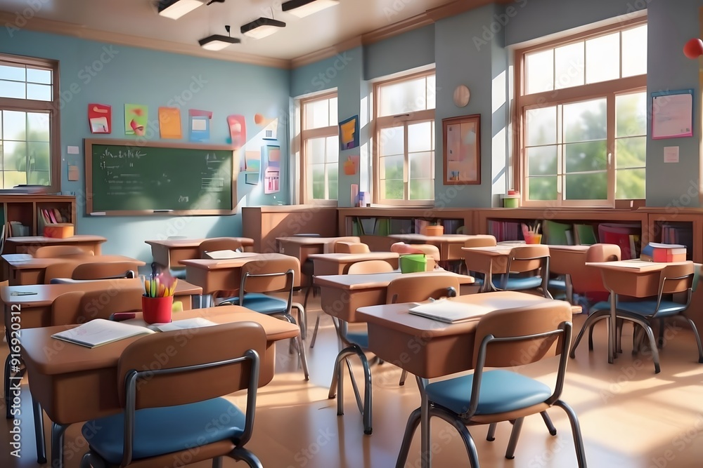 Empty Classroom with Sunlight Streaming Through Windows. Empty Classroom with Sunlight Streaming Through Windows.