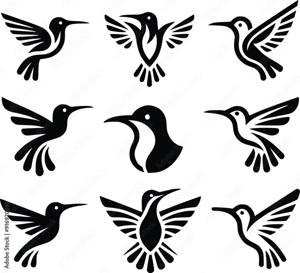 Obraz premium Black hummingbird logo clipart. Isolated tropical small flying bird. Monochrome minimalist bird logo line art.