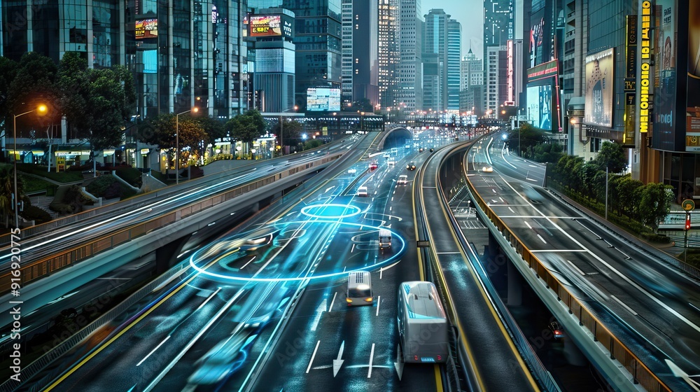 Fototapeta premium Social infrastructure and communication technology concept. IoT(Internet of Things). Autonomous transportation. AI generated illustration