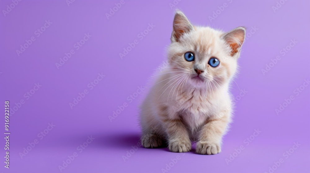 Cute Kitten with Blue Eyes on a Purple Background Cute Kitten with Blue Eyes on a Purple Background