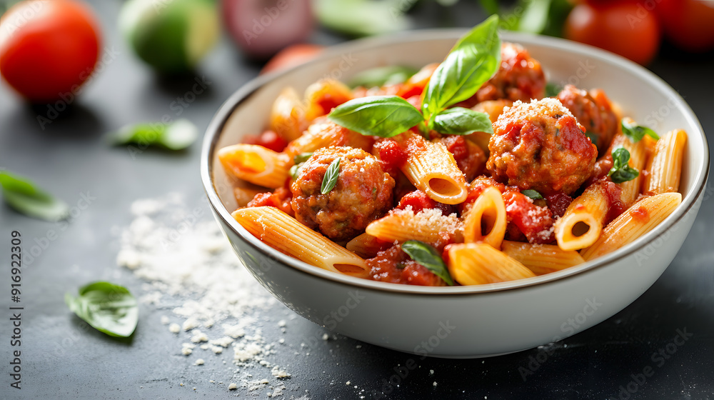 Penne pasta with meatballs in bowl professional advertising food photo
Penne pasta with meatballs in bowl professional advertising food photo