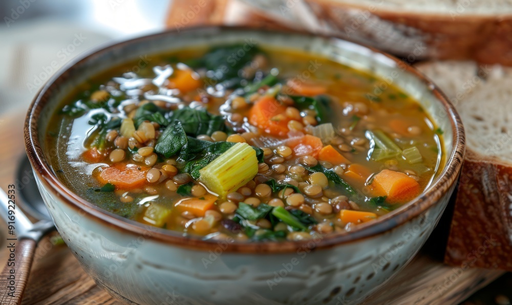 Lentil soup with carrots, celery, and spinach, served with crusty whole grain bread Lentil soup with carrots, celery, and spinach, served with crusty whole grain bread