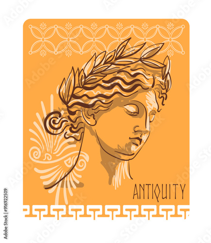 Antique greek sculpture with elements of ancient greek ornament. Hand drawn Vector illustration for card, poster or printing on fabric