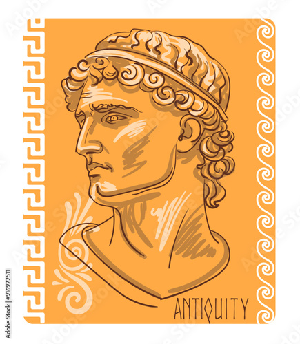 Antique greek sculpture with elements of ancient greek ornament. Hand drawn Vector illustration for card, poster or printing on fabric