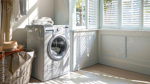 washing machine and dryer appliances in a modern house laundry room