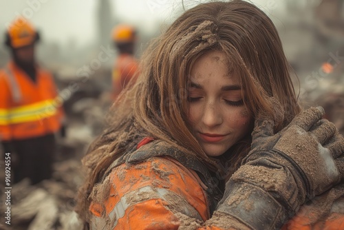 emotional scene of people comforting each other amidst earthquake debris dustcovered figures embrace emergency responders visible in background powerful human moment photo