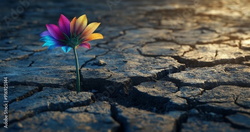 Indomitable Spirit: A Spectrum of Colorful Flowers Blooming from Cracked Soil, Embodiment of Resilient Will Concept Art. photo