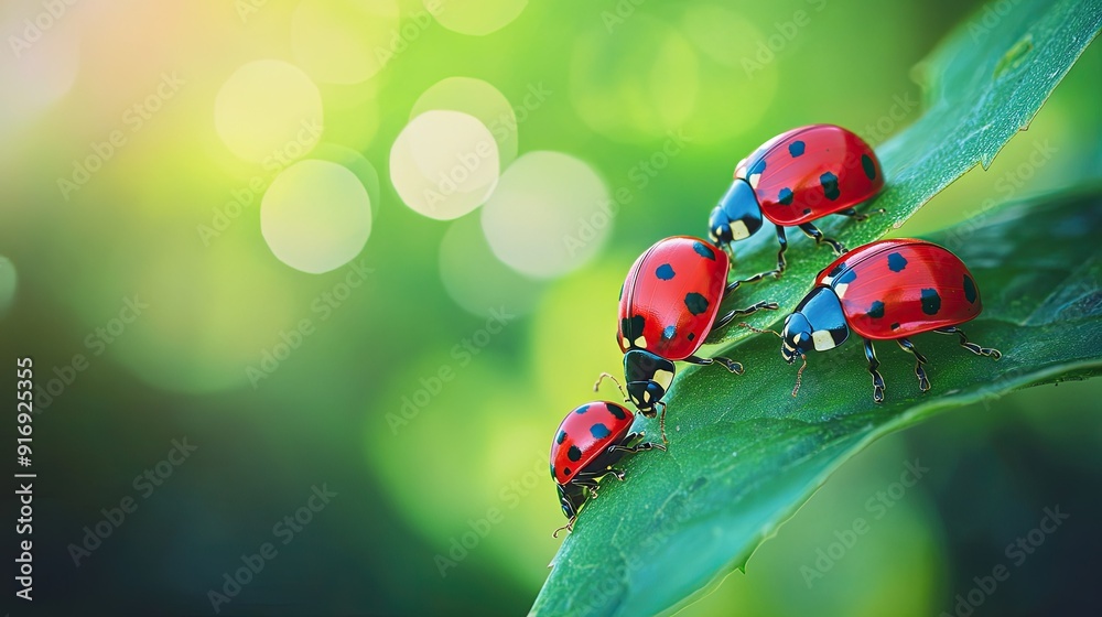 A cluster of red ladybugs resting on a single leaf, with a defocused, natural background emphasizing their vivid colors A cluster of red ladybugs resting on a single leaf, with a defocused, natural background emphasizing their vivid colors