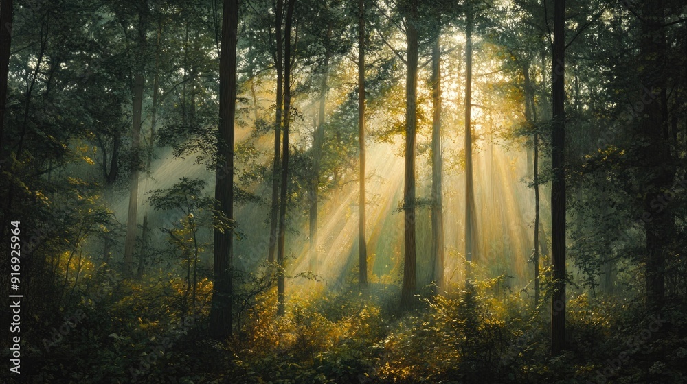 Naklejka premium A dense forest panorama bathed in golden sunbeams filtering through the trees, creating a serene, mystical atmosphere