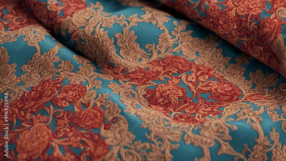 A close-up of a soft, luxurious fabric with intricate patterns and a rich color palette, ideal for fashion and textile design.