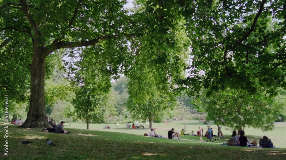 People enjoying a London park.
Wide angle shot of people sitting on the grass in a London Park. People blurred a little for anonymity.